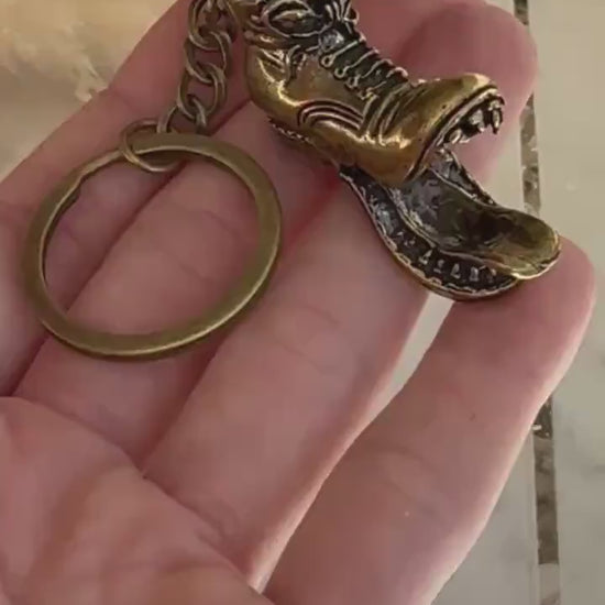 Brass Shoe Keychain with Monster Teeth – Funny Combat Boot Pendant, Heavyweight Key Ring for Men