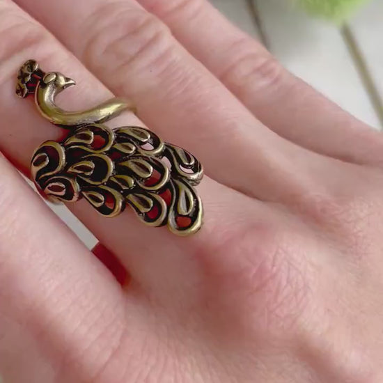 Solid Brass Bird of paradise adjustable Ring, Peacock ring, peacock’s tail jewellery