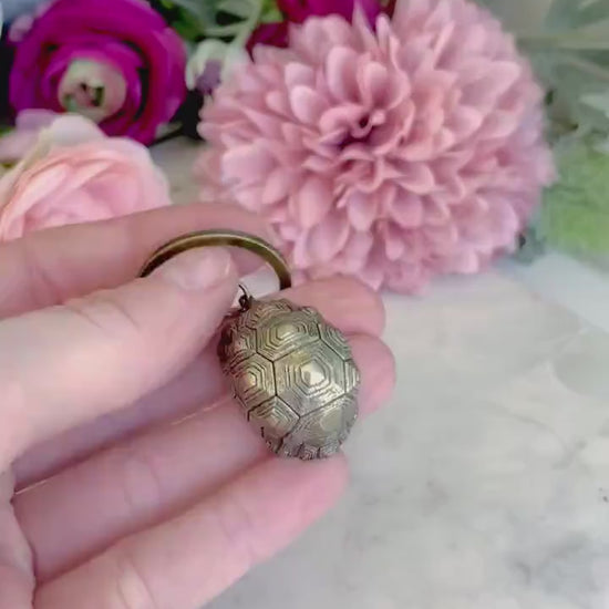 Brass tortoise shell keyring with a bell, solid brass turtle pendant, reptile figurine