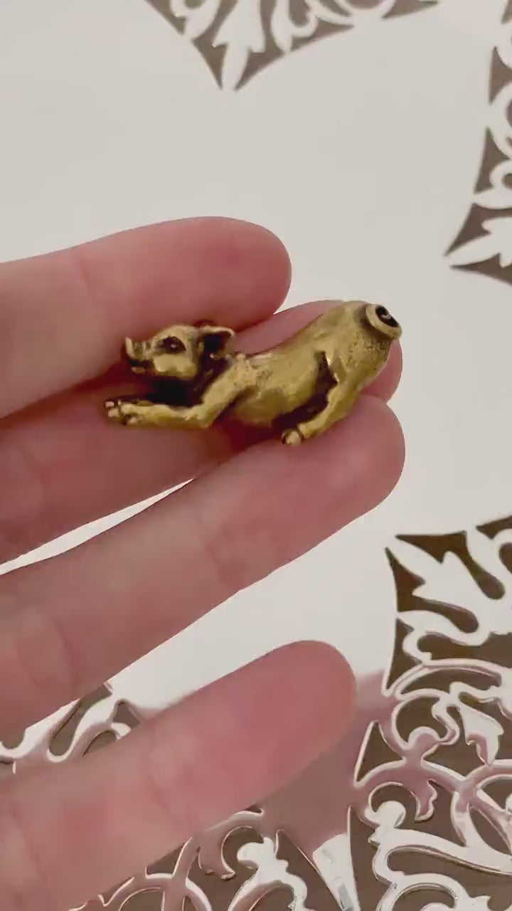Happy little piglet fine workmanship solid brass miniature, lost wax casting, pig figurine, cute little animal sculpture
