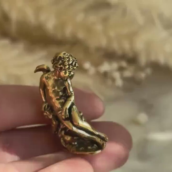 Miniature Brass Angel Figurine, Romantic Cherub Sitting on a Rock, Tiny Guardian Angel Statue, Home Decor
