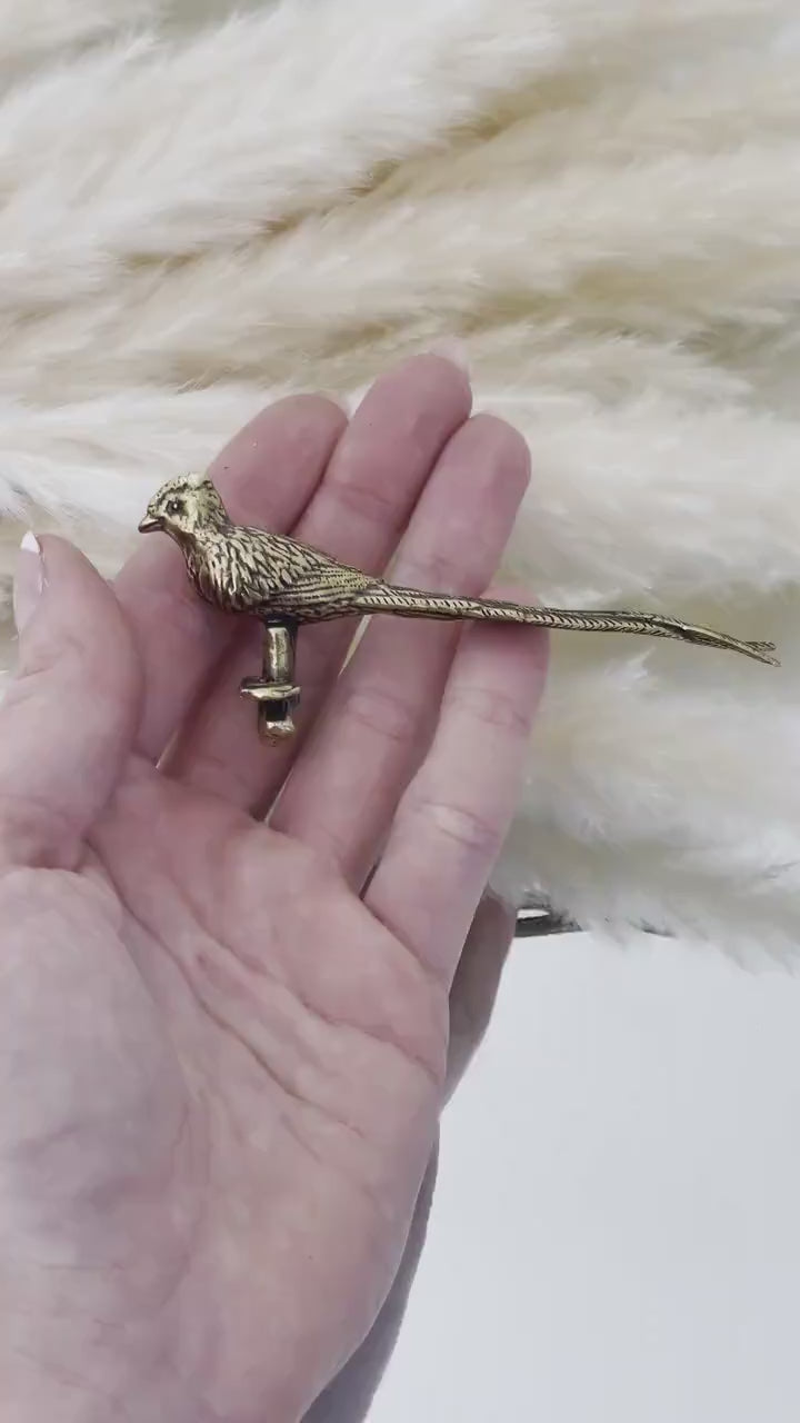 brass pheasant statue, bird of paradise art deco, home decor, coffee table vanity, bird lovers gift
