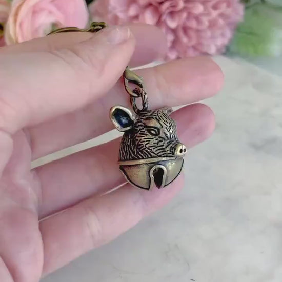 Brass Pig Bell Pendant, Pig Head Ornament, traditional style Brass Pig Collectible