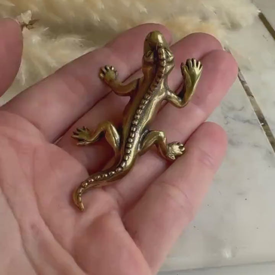 Solid Brass Happy lizard ornament, metal dragon sculpture, monster figurine, Iguana ornament, lizard teapet, metal reptile