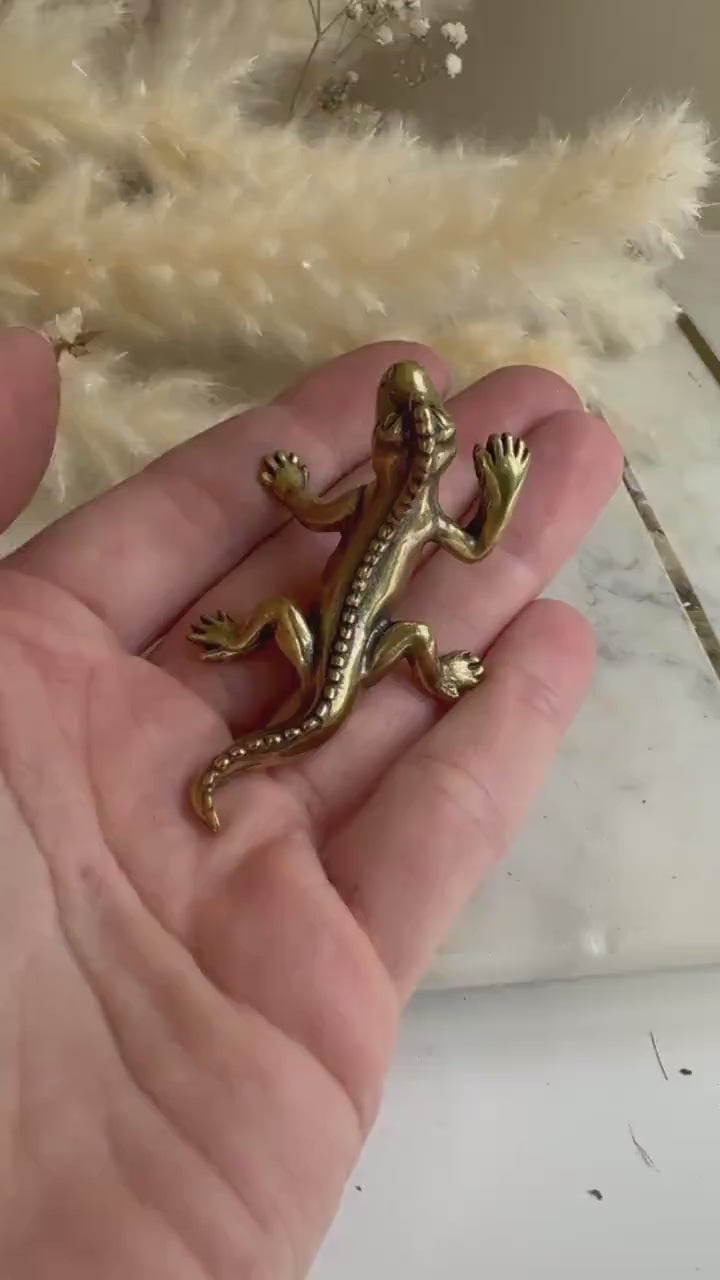 Solid Brass Happy lizard ornament, metal dragon sculpture, monster figurine, Iguana ornament, lizard teapet, metal reptile