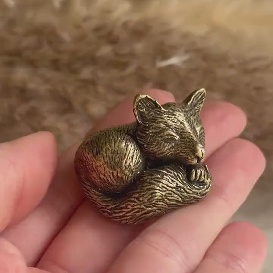 Snuggled fox figurine, solid brass fox miniature, Cuddly fox statuette, warm desktop decor, sleeping fox ornament, best gift for fox lovers