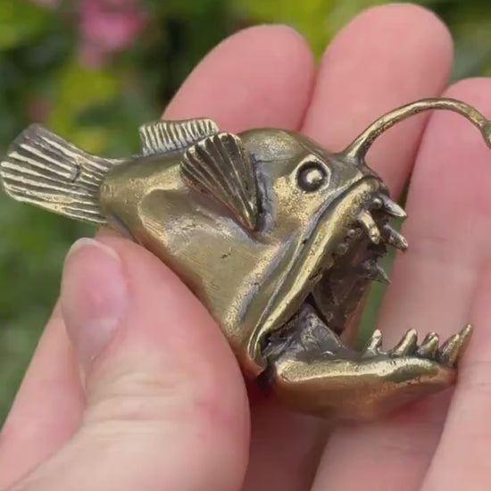 Forged Brass Anglerfish Miniature, Deep water fish Figurine Solid Copper Nautical Deep Sea Fish Figure, Art Marine Life Animal