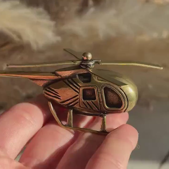 Solid Brass Helicopter Miniature – Rotating Propeller, Retro Aviation Gift, Pilot’s Desk Decor, Collectible Metal Chopper Model