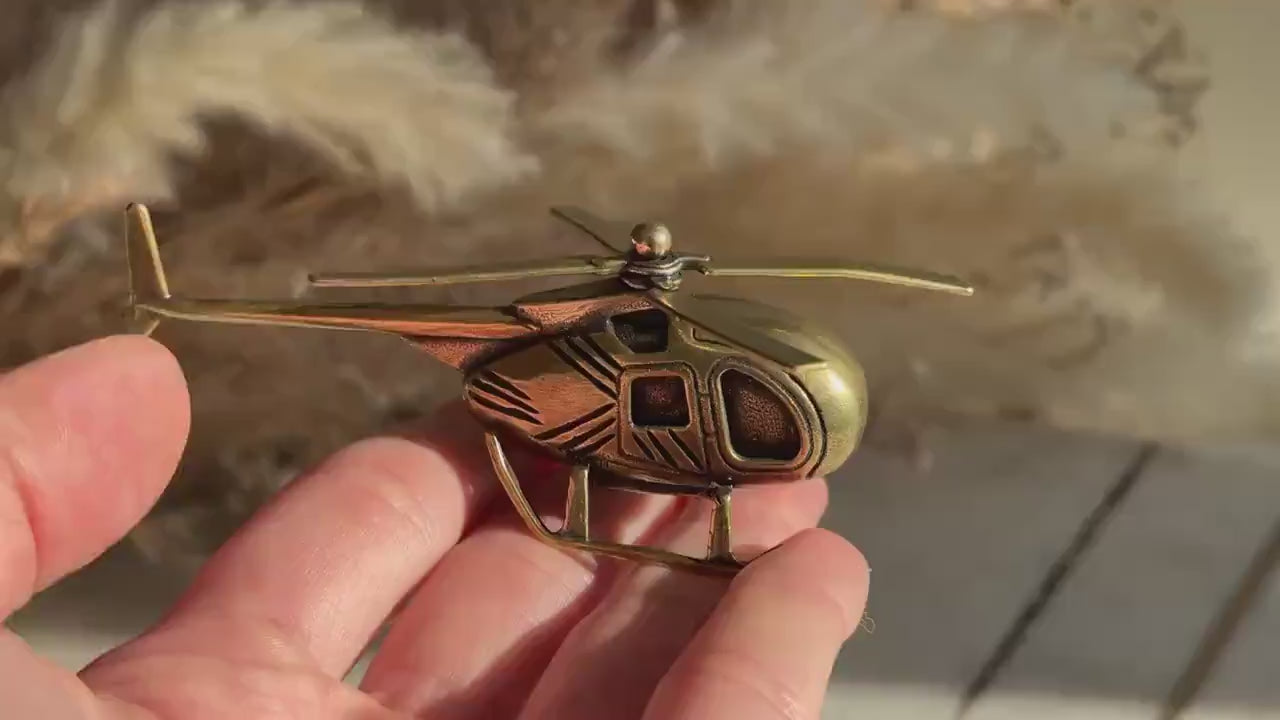 Solid Brass Helicopter Miniature – Rotating Propeller, Retro Aviation Gift, Pilot’s Desk Decor, Collectible Metal Chopper Model