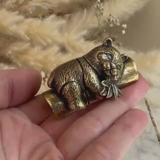 Endearing Baby Panda figurine, Solid brass sleeping panda miniature, Panda with Bamboo sculpture, panda paperweight, Small but heavy panda