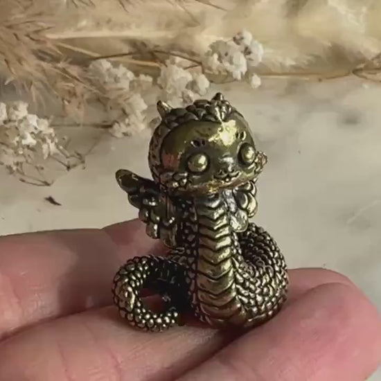 Miniature Brass Winged Dragon Snake Figurine – Whimsical Mythical Creature with Curled Tail and Scaled Detail