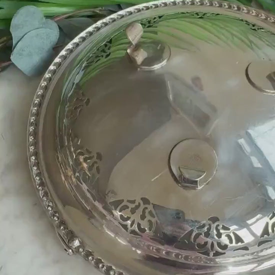 Vintage Silver Plated Pierced Basket Dish with foldable handle and delicate flower detail, Vintage Metal Fruit bowl