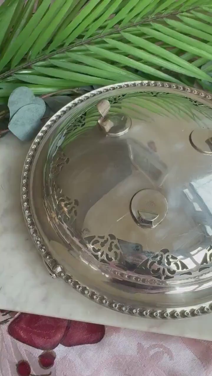 Vintage Silver Plated Pierced Basket Dish with foldable handle and delicate flower detail, Vintage Metal Fruit bowl