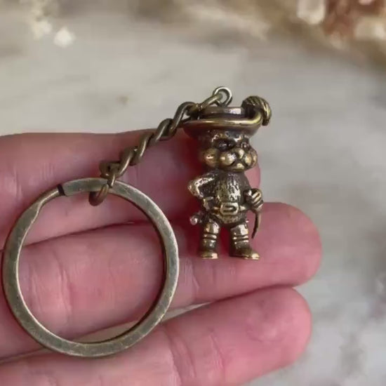 Brass Keychain – Puss in Boots Figurine with Sword – Miniature Fairytale Cat Charm