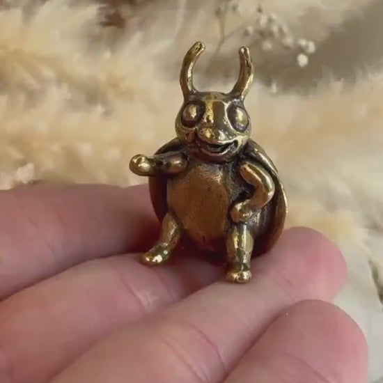 Solid brass Happy Ladybug figurine, little ladybird statuette, fine metal workmanship, insect ornament, good luck trinket