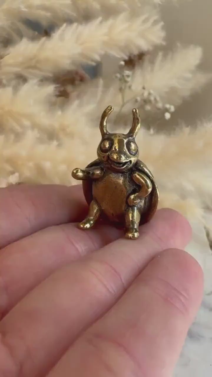 Solid brass Happy Ladybug figurine, little ladybird statuette, fine metal workmanship, insect ornament, good luck trinket