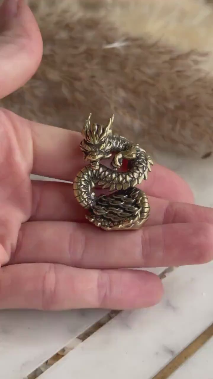 Wealthy Dragon solid brass miniature, Chinese Feng Shui Animal Statue, dragon with gold statuette, Chinese Mushu dragon new year gift