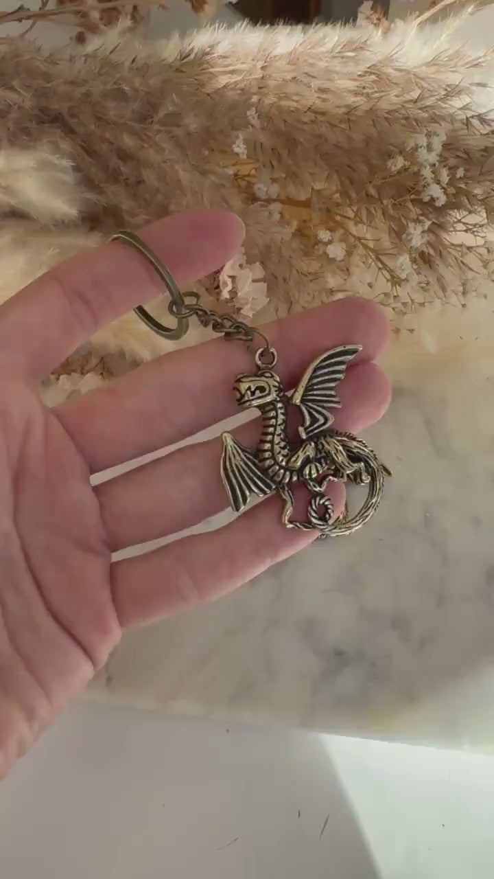 Solid Brass Western Dragon Keychain, Brass  Dragon pendant, fine brass dragon Key Ring