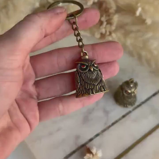 Brass Owl Keychain Bell with Red Eyes – Solid Metal Good Luck Charm
