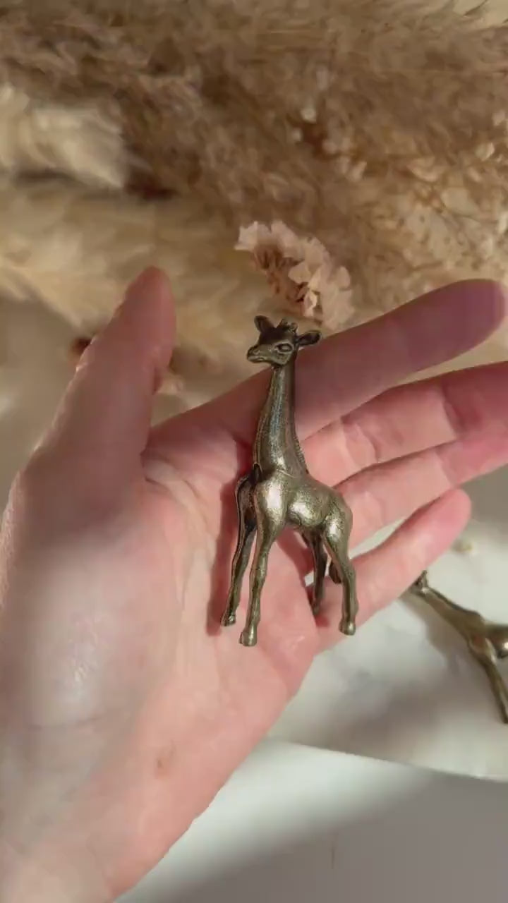 Traditional style giraffe family, Fine solid brass baby and mother giraffe statuette, Safari decor, Miniature zoo, Gift for animal lovers