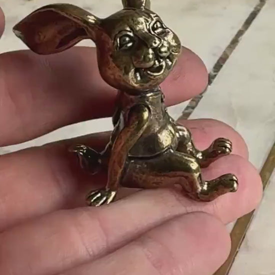 Solid Brass Bunny Figurine – Whimsical Rabbit Statue with Wide Smile and Floppy Ears – Playful Decor