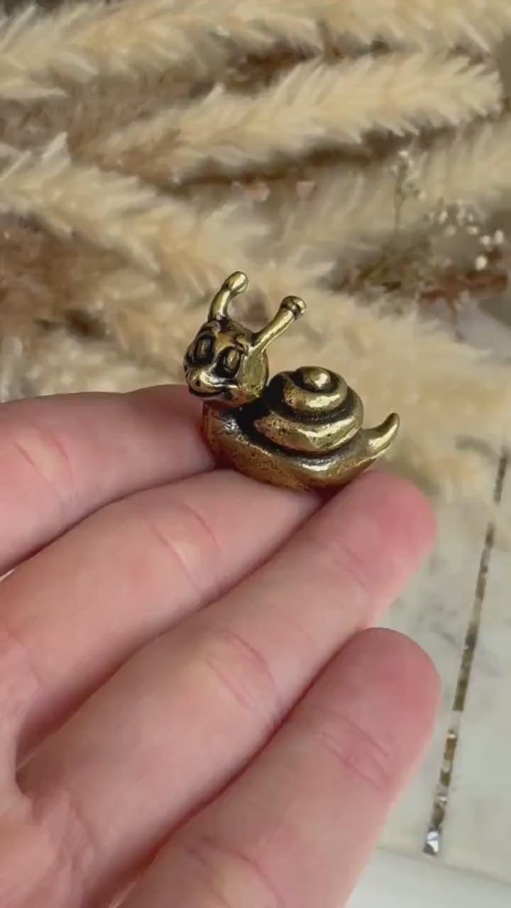 Solid brass Happy Garden Snail Miniature, Metal Snail figurine, lifelike solid brass shelled gastropod ornament