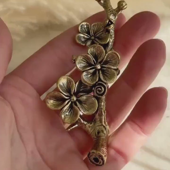 Solid brass Blossoming Cherry Pen Holder, Sakura ornaments, Flowers on a bench fountain pen rest, blossoming fruit tree figurine