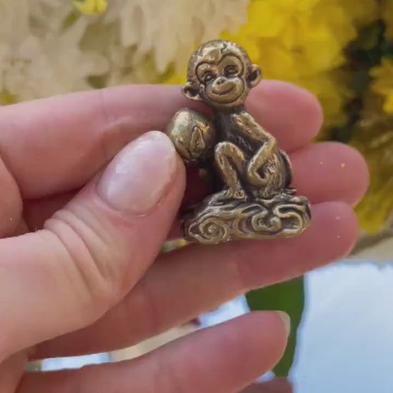 Cheeky Monkey with a peach, macaque figures, Metal Monkey Figurine, Tabletop decoration,  Monkey Sitting Peach miniature
