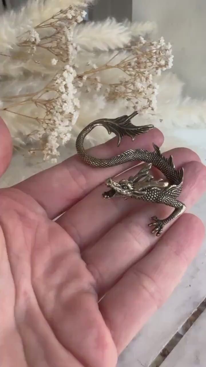 Fighting Dragons solid brass miniature, Chinese Feng Shui Animal Statue, golden dragon statuette, Chinese new year gift, fountain pen rest