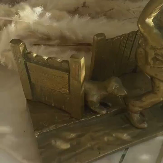 Vintage Brass Doorstop “Beware of the Dog” with Postman and Dog Scene – Humorous Figurine – Mid-Century Cast Brass Sculpture