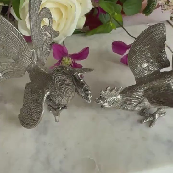 Vintage Silver Metal Fighting Cockerels Figurines, Vintage Metal Cocks, Brass Rooster Engraved Statues, Table Centerpiece, Pair Roosters