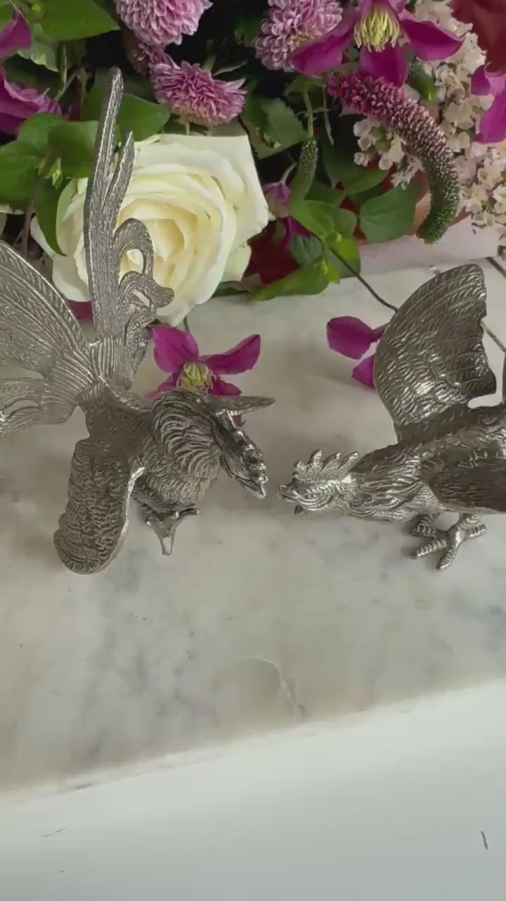 Vintage Silver Metal Fighting Cockerels Figurines, Vintage Metal Cocks, Brass Rooster Engraved Statues, Table Centerpiece, Pair Roosters
