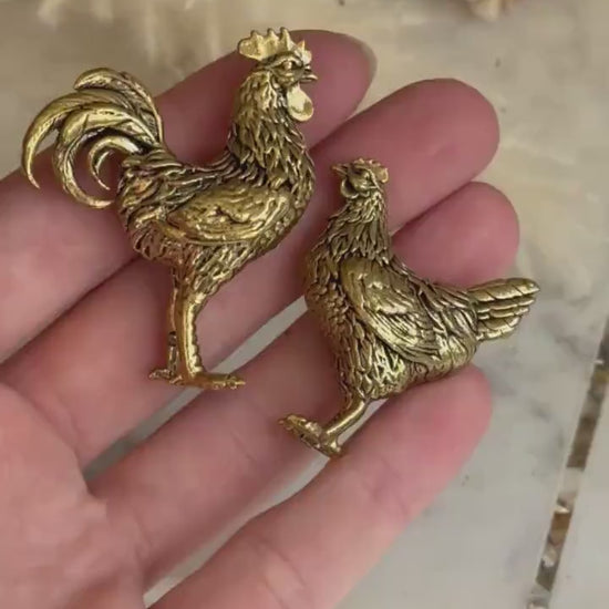Solid brass Chicken family brass figurine, Rooster and hen miniature, Chicken decorative small figurine, Brass Collectibles, Country Decor