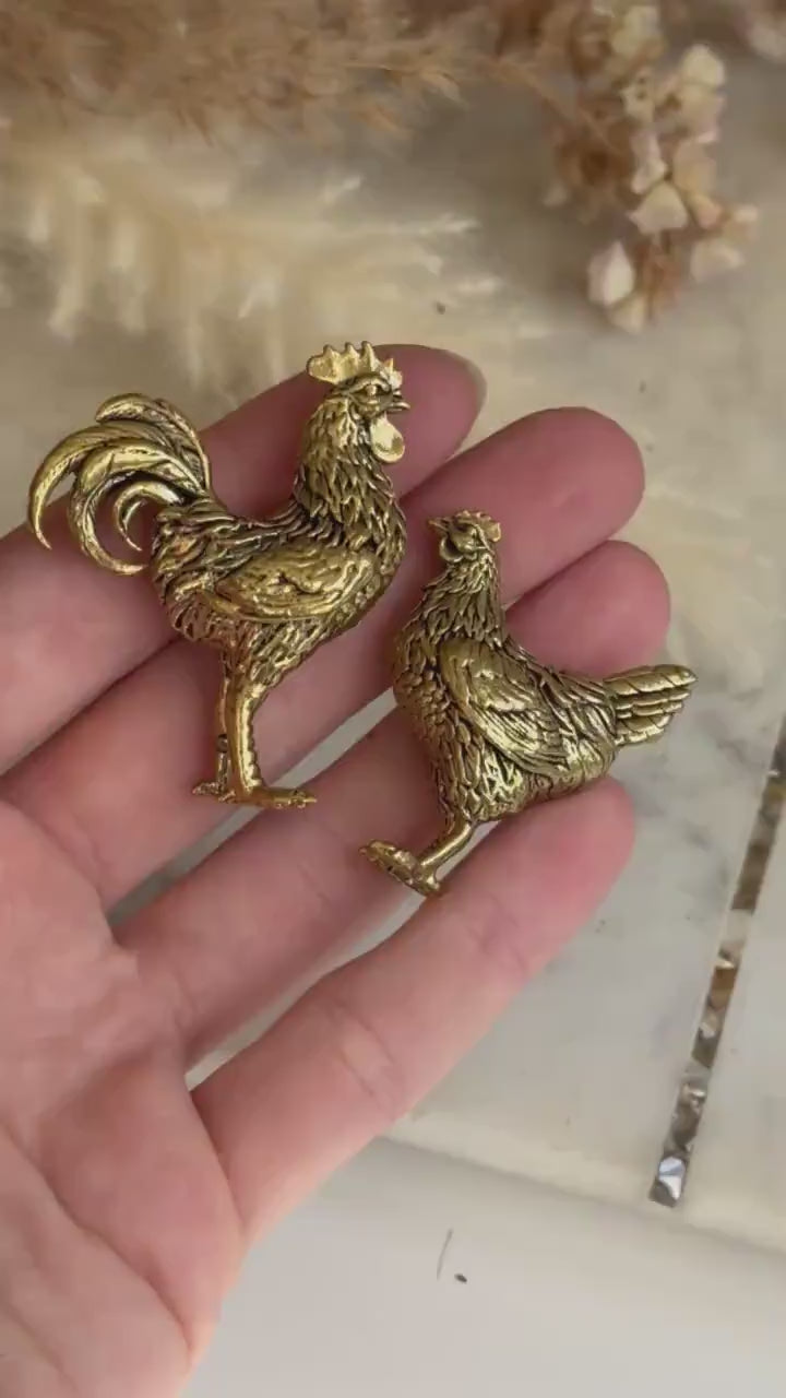 Solid brass Chicken family brass figurine, Rooster and hen miniature, Chicken decorative small figurine, Brass Collectibles, Country Decor