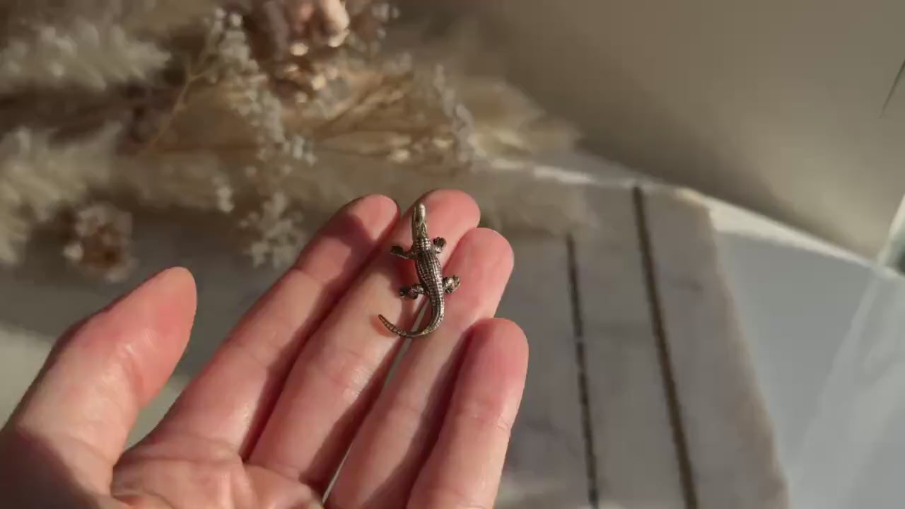 Tiny Brass alligator statue mini metal crocodile figurine, predator metal art, croco gift for animal lovers