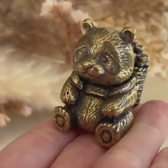 Endearing Baby Panda With a Bamboo Basket  figurine, Solid brass adorable panda miniature, Panda with Bamboo sculpture, panda paperweight