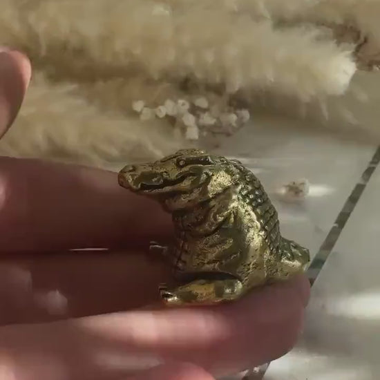 Miniature Brass Crocodile Figurine – Chubby Friendly Reptile – Small Smiling Crocodile Sculpture – Whimsical Animal Totem