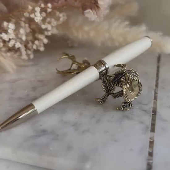 Brass Ginseng Root Fountain Pen Holder and Decorative Desk Ornament - Unique Herbal Sculpture