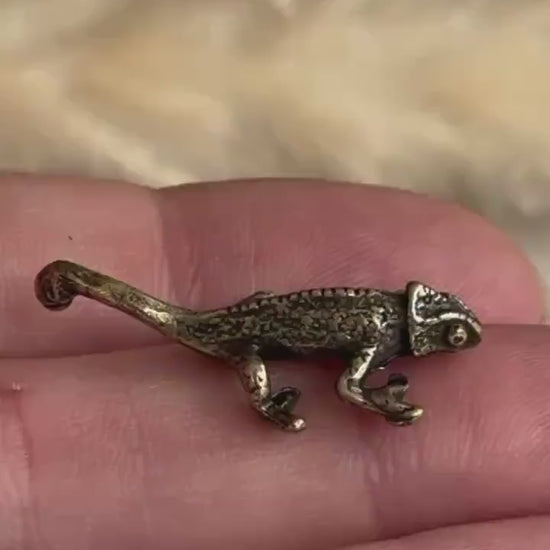 Tiny Solid Brass fine Chameleon figurine, lizard lover gifts, reptile lover gifts, gecko trinket