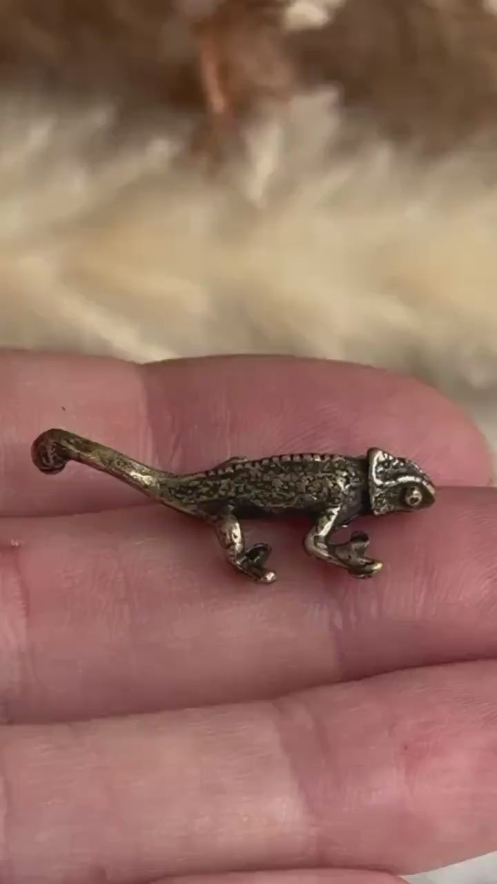 Tiny Solid Brass fine Chameleon figurine, lizard lover gifts, reptile lover gifts, gecko trinket