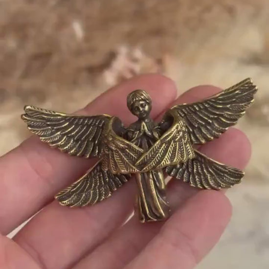 Solid brass Angel protector figurine, Guardian ornament, Brass angel with six wings figurine, Christmas gift, praying angel statue