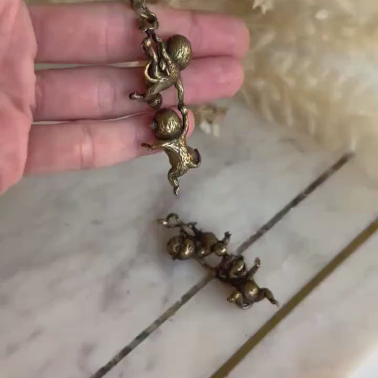 Japanese Style Solid Brass Silly Monkeys Keychain – Two Monkeys Hanging Together – Playful Duo Figurine