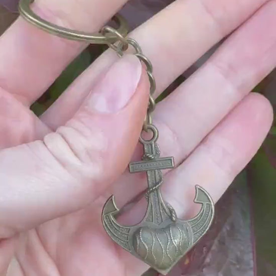 Brass Keychain with Sacred Heart Anchor Charm – Nautical Symbol of Love and Hope