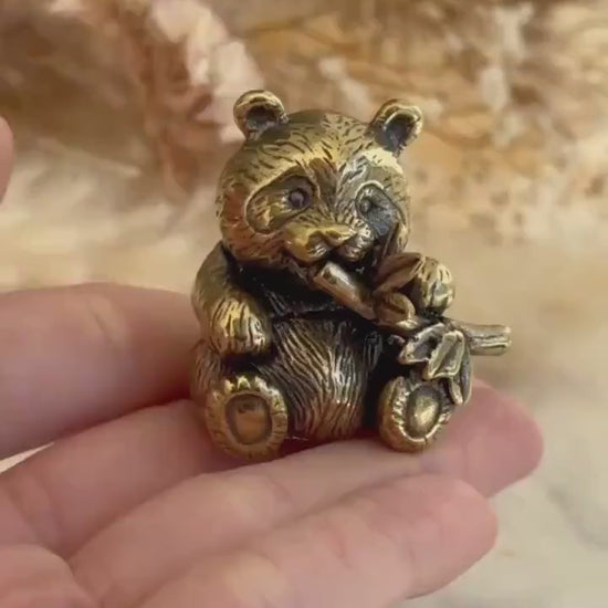 Endearing Baby Panda Eating Bamboo figurine, Solid brass adorable panda miniature, Panda with Bamboo sculpture, panda paperweight,