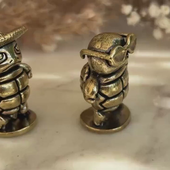 Mini Brass Ninja Turtle Figurine –  Animal Shelf Decor  Brass Turtle Figurine with Hat – Quirky Ninja Turtle Ornamen