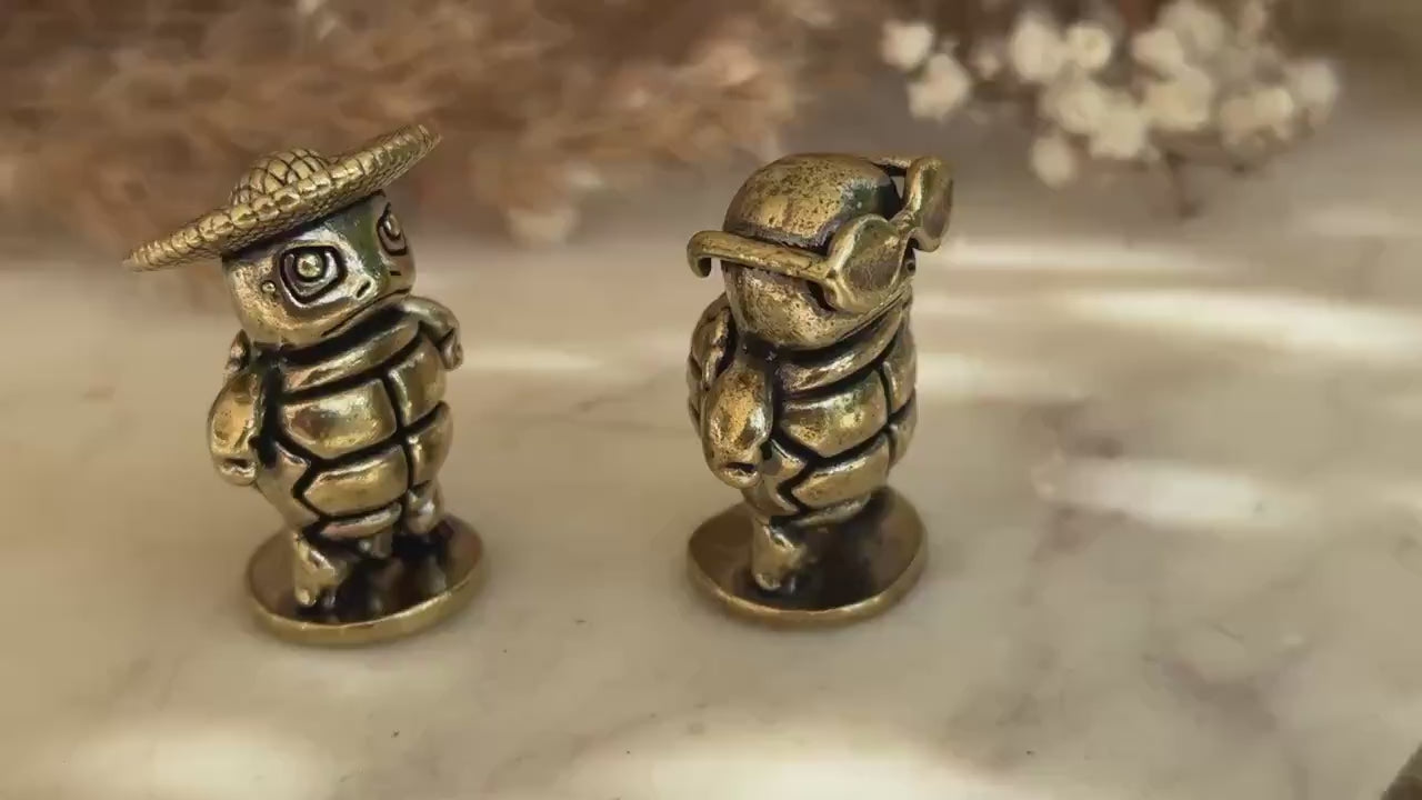 Mini Brass Ninja Turtle Figurine –  Animal Shelf Decor  Brass Turtle Figurine with Hat – Quirky Ninja Turtle Ornamen