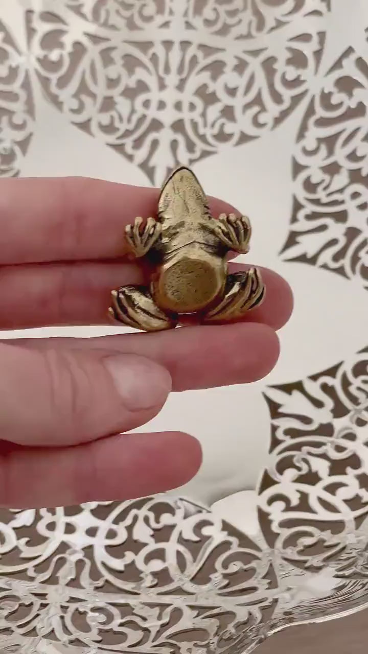 Fine Lifelike Solid Brass Frog figurine, Big Frog Statue, Small Paperweight, Cute collectible figurine, Desk Accessory