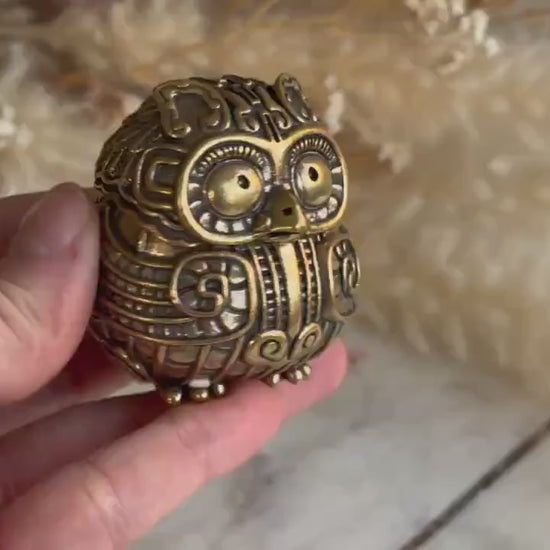 Ornate Solid Brass Owl Keepsake Box – Miniature Trinket Holder in Mystical Aztec Style