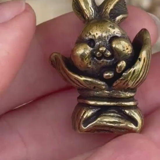 Adorable bunny in a bag figurines, cute rabbit workmanship, bunny ornament, bunny gift, Solid Brass figurine, cute gift