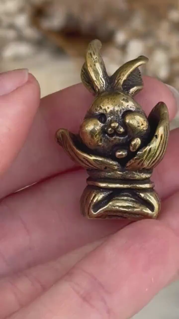 Adorable bunny in a bag figurines, cute rabbit workmanship, bunny ornament, bunny gift, Solid Brass figurine, cute gift